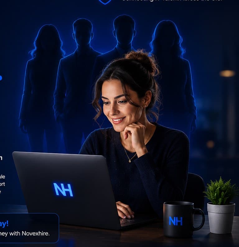 A Novexhire candidate working remotely at a laptop in the evening